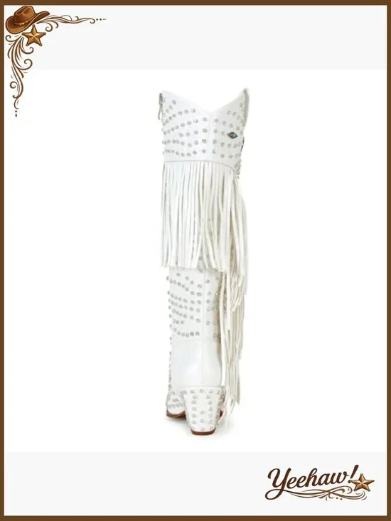 Western Cowgirl Boots with Rhinestones and Fringe, Pointed Toe, Knee-High - Picture 5 of 7